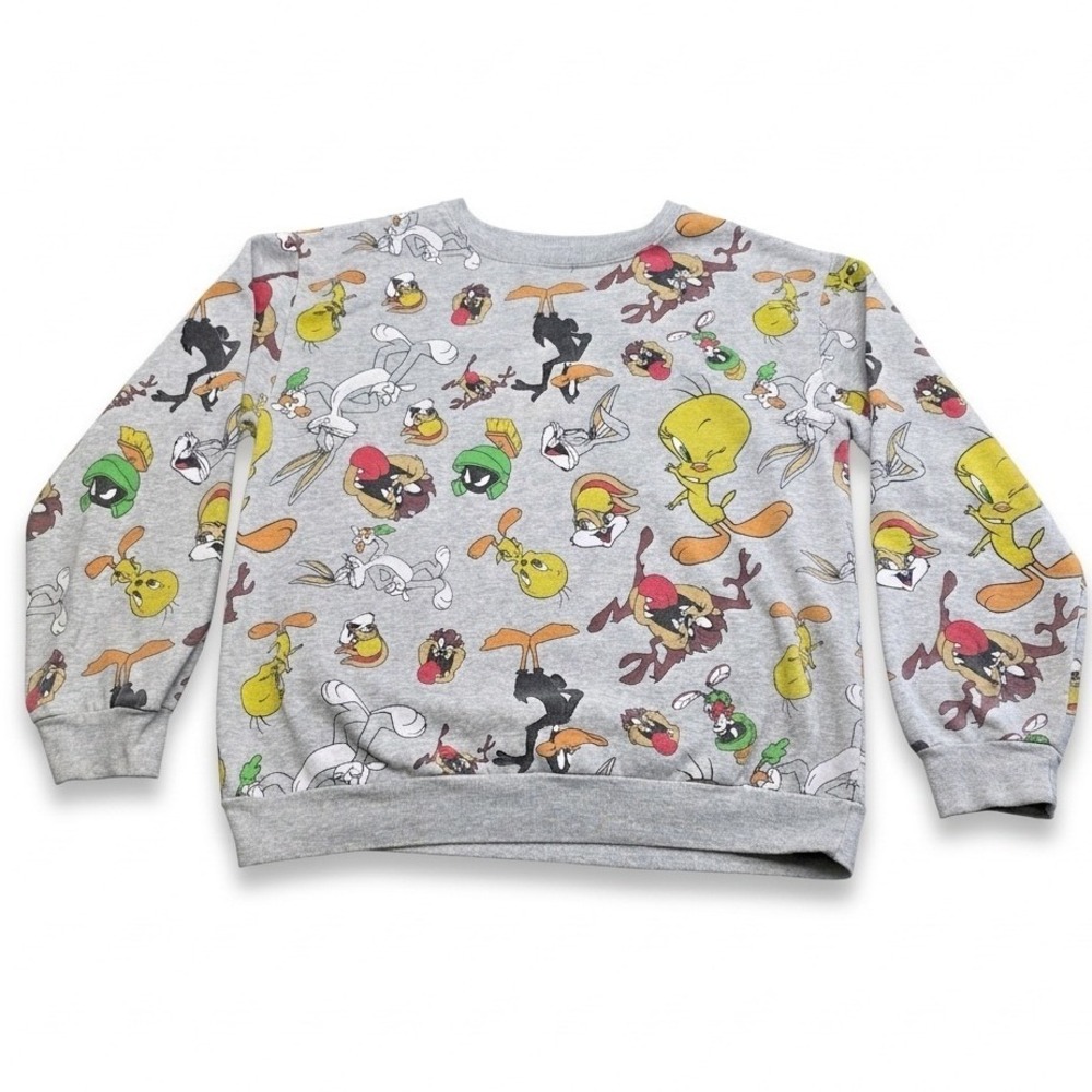 Looney Tunes All Over Print Sweatshirt Gray Juniors L 11-13 Bugs Tweety Taz AOP